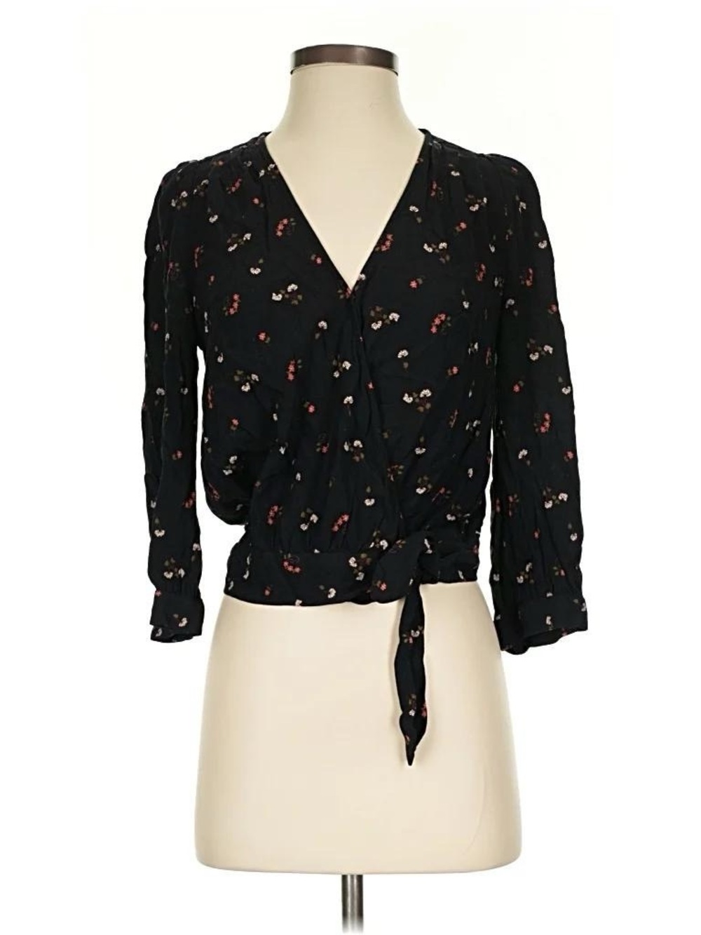 Madewell Black Floral Wrap Tie-Front Women's Top